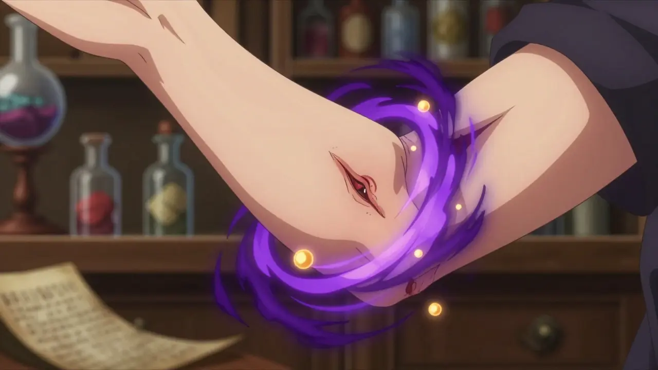 Konzeptuelle Darstellung eines Keloids mit magischen Partikeln auf einem Arm.