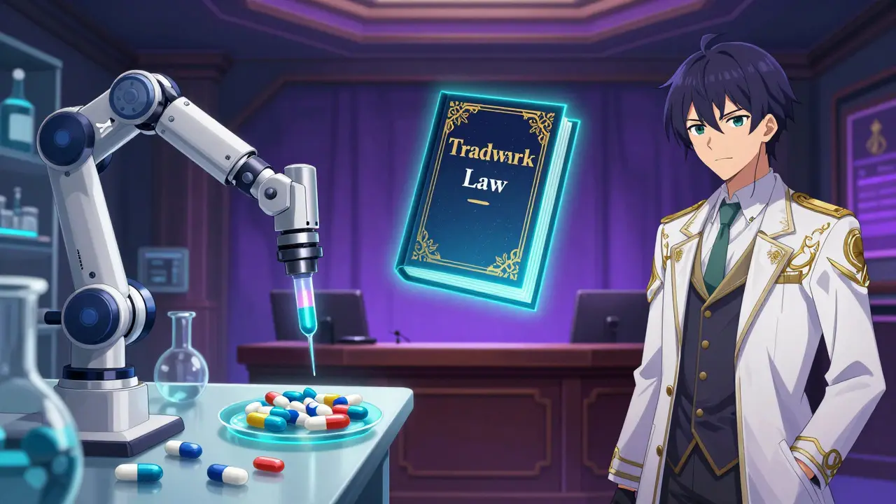 Konzeptuelle Darstellung von Pharma-Produktion und Markenrecht im Isekai-Stil.