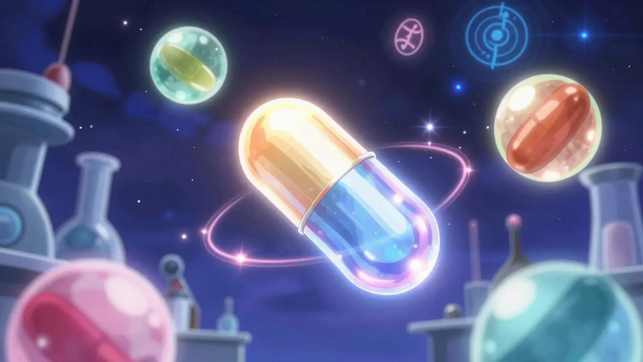 Magische Verschmelzung verschiedener Wirkstoffe zu einer einzigen leuchtenden Kapsel in Anime-Stil.