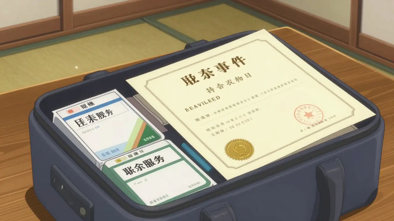 Nahaufnahme von Medikamentenoriginalverpackungen und ärztlichen Attesten.