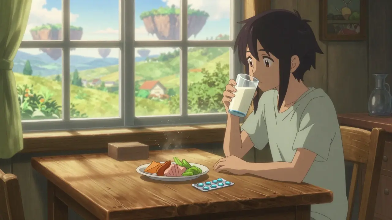 Person in einer gemütlichen Hütte, die Medikamente zusammen mit Milch und Essen einnimmt.