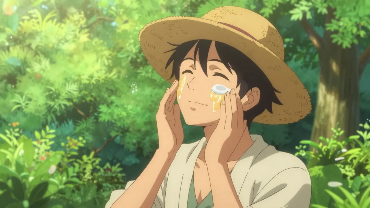 Person mit dunkler Haut trägt Sonnenschutz unter einem Sonnenhut in einer hellen Naturkulisse.