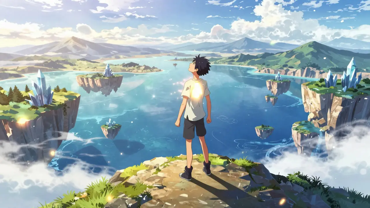 Protagonist atmet auf einem Berggipfel tief und frei die reine Luft ein.