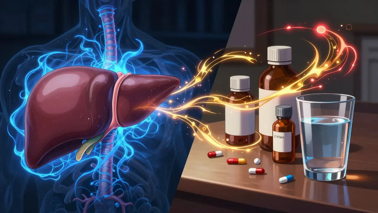 Stilisierte Darstellung der Leber und Medikamentenwechselwirkungen im Isekai-Anime-Stil.