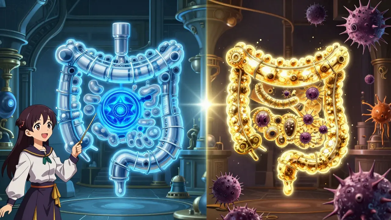 Anime-Illustration: Wirkmechanismus von Durchfallmitteln im Vergleich