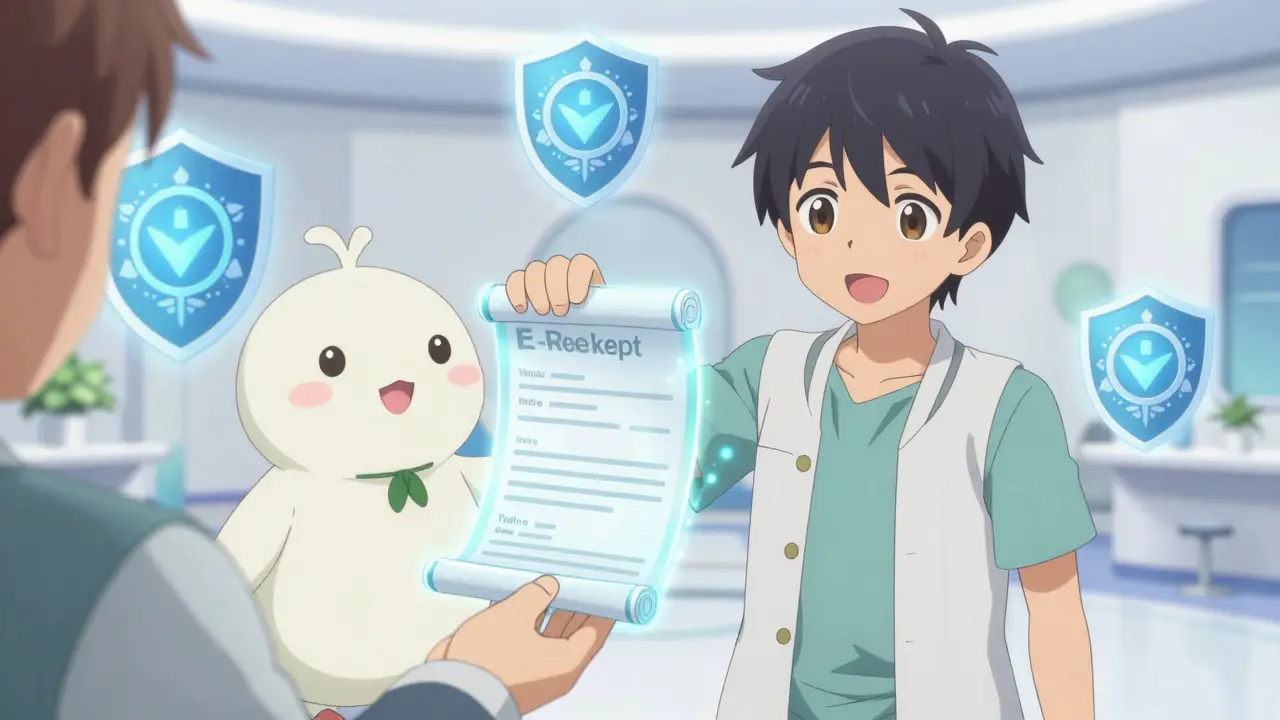 Anime-Isekai-Szene: Ein spiritueller Guide überreicht ein leuchtendes digitales Rezept in einer sicheren virtuellen Welt.