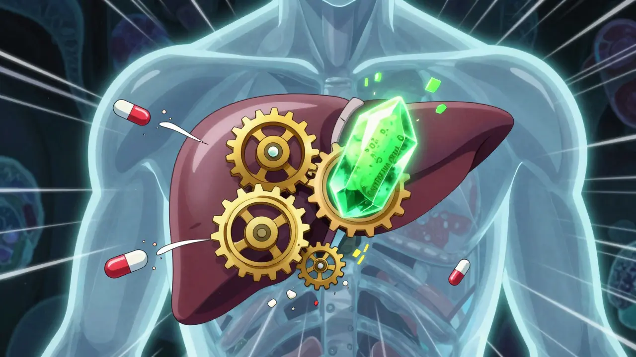 Anime-Stil: Leberenzyme arbeiten chaotisch und zersetzen Medikamente schnell.