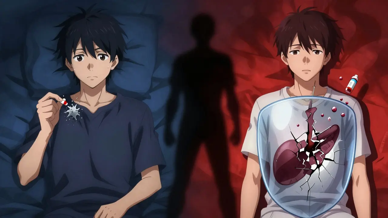 Anime-Stil: Patienten mit Herz- oder Transplantationsrisiken durch Wechselwirkungen.