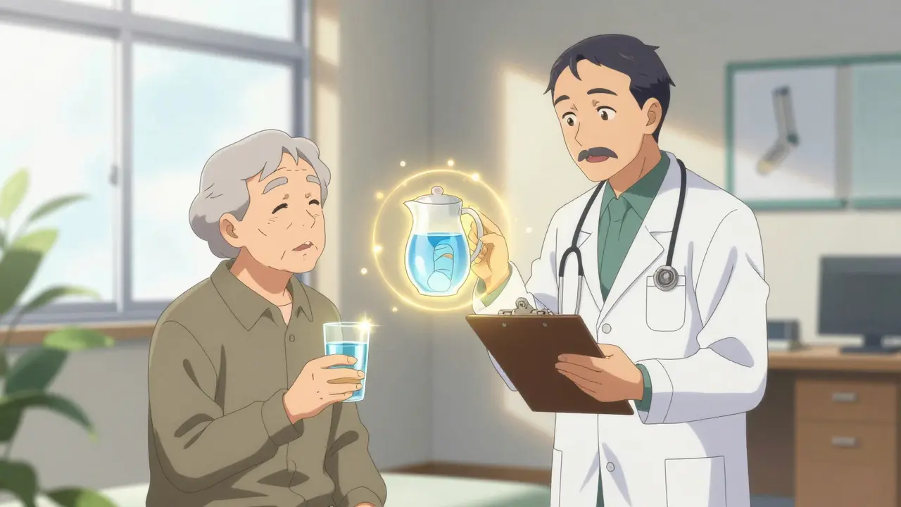 Arzt und Patient in hellem Raum, diskutieren Lösungen wie Wasser und Kompressionsstrümpfe