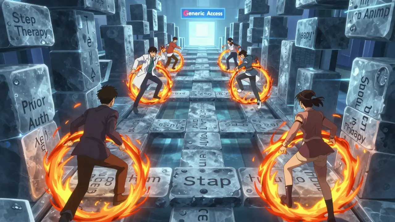 Arzt und Patient überwinden Hindernisse wie Prior Auth im Anime-Stil