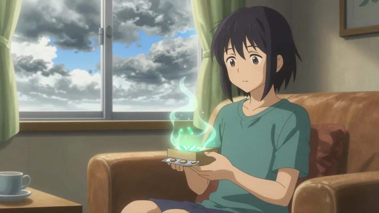 Manga-Stil: Protagonist empfängt diskretes Medikamentenpaket zu Hause, während die Stimmung sich aufhellt.