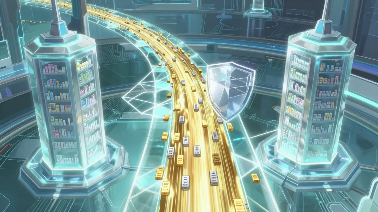 Anime-Kunst: Verschlüsselte Datenströme fließen sicher durch ein futuristisches Netzwerk