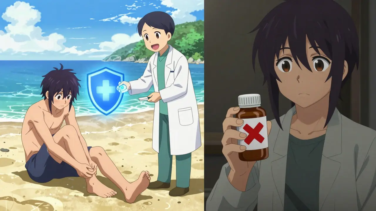 Anime-Splitbild: Akute Verletzung gedeckt vs. Dauermedikamente nicht abgedeckt