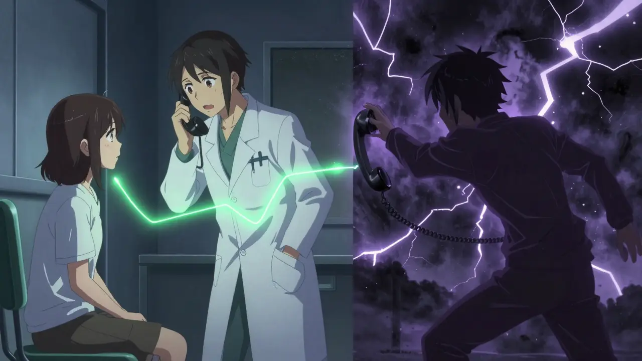 Anime-Stil: Kontrast zwischen sicherer Nachricht und Notruf-Telefon