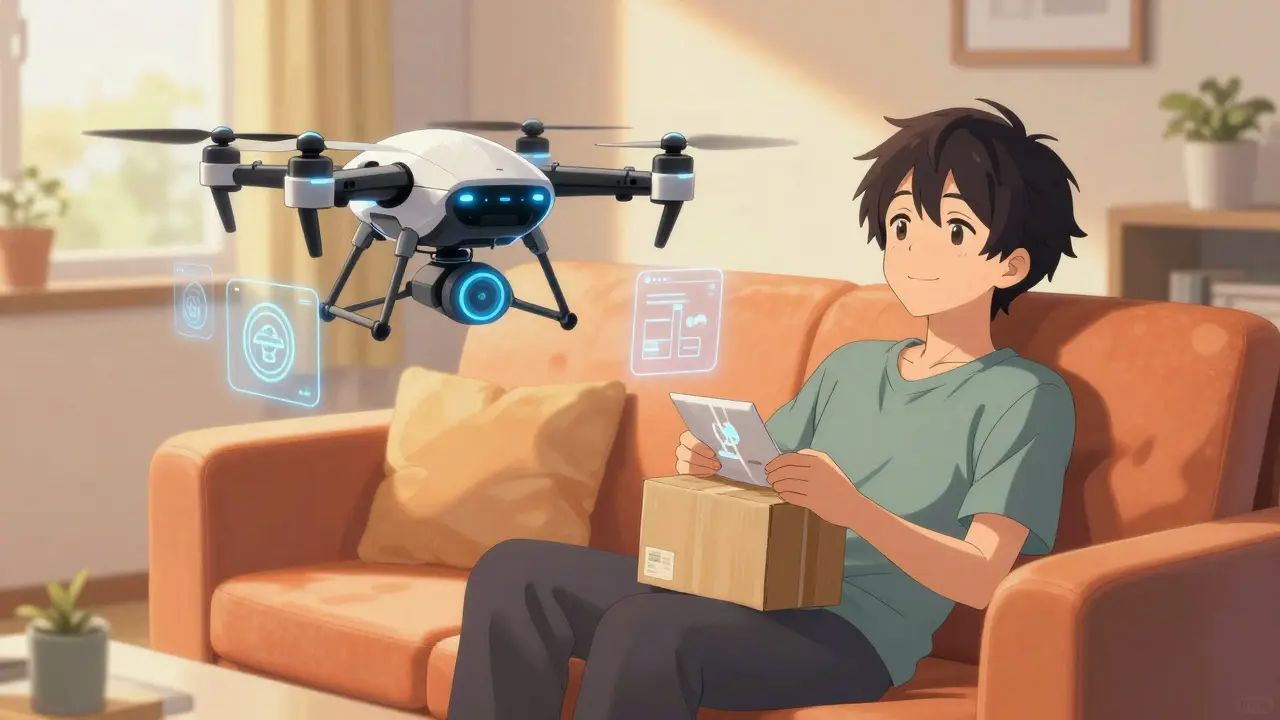 Isekai-Stil: Entspannter Patient empfängt Medikamente bequem per Drohne zu Hause