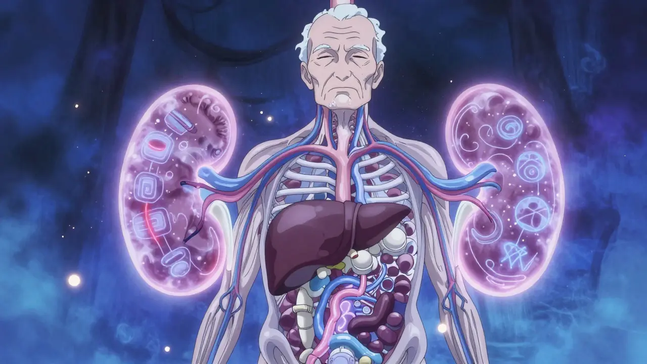 Stilisierte Darstellung des alternden Körpers mit verlangsamen Organfunktionen im Anime-Stil.
