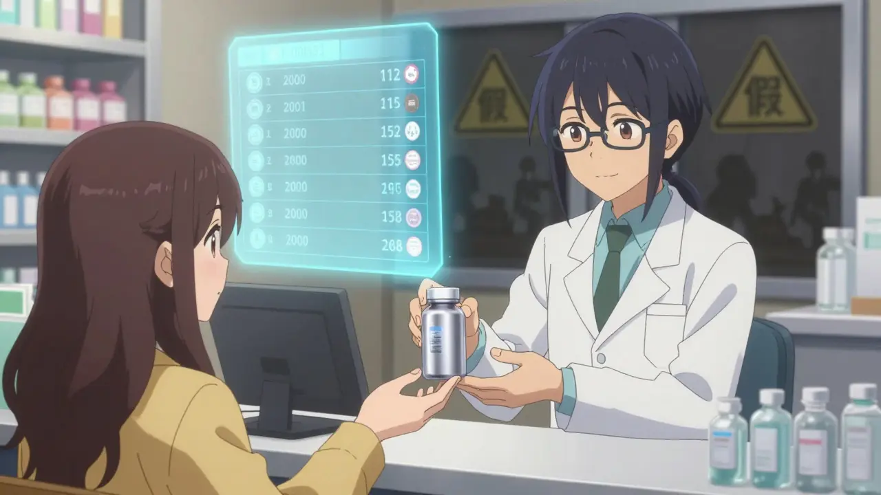 Anime-Apotheker übergibt Medikament mit digitalen Preisen
