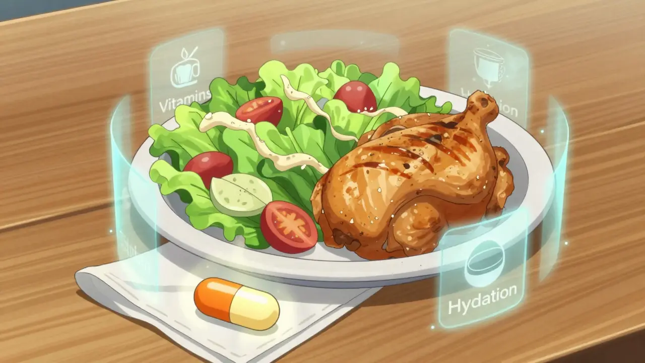 Anime-Illustration von gesunder Ernährung und Xenical-Kapsel