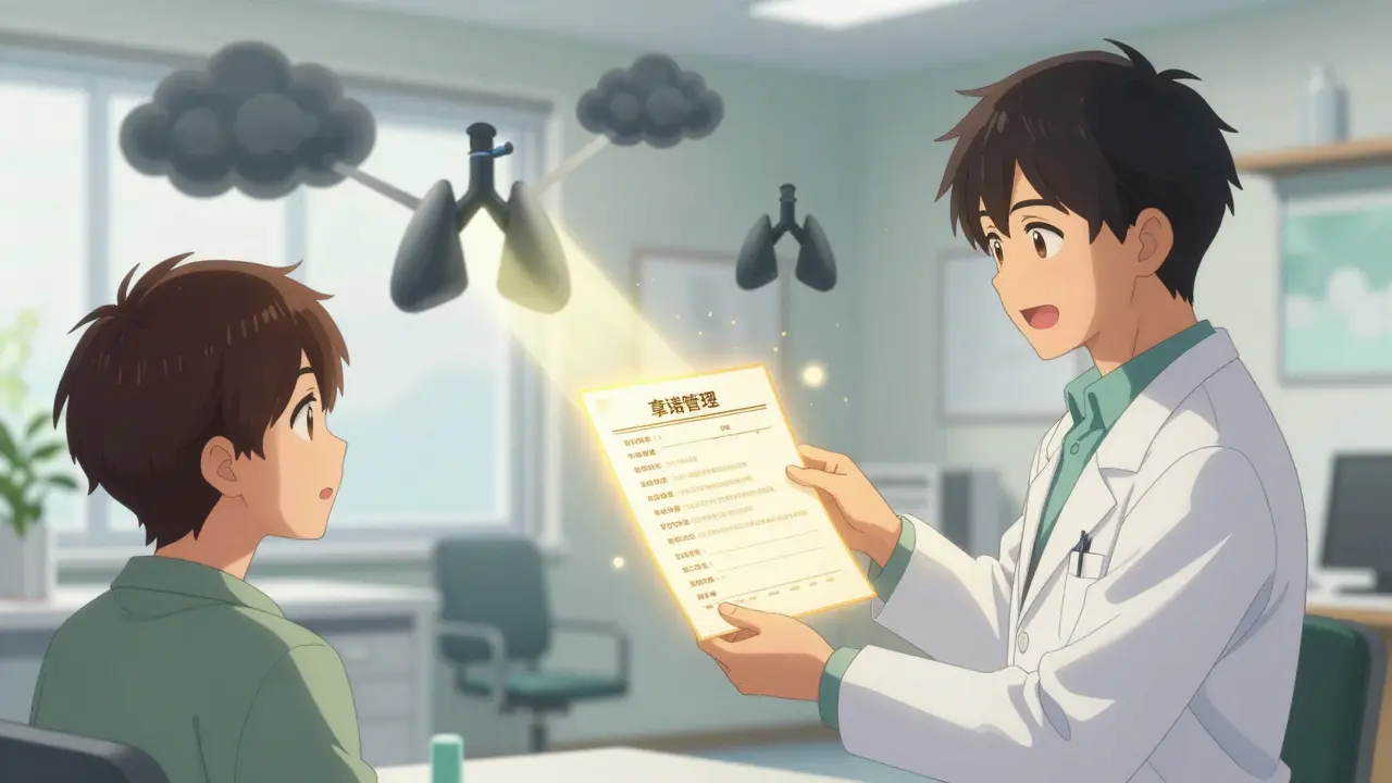 Anime-Szene: Arzt reicht einem erleichterten Patienten einen leuchtenden Bericht in einer hellen Praxis