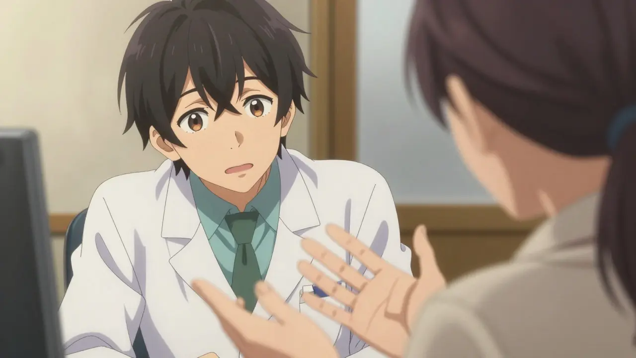 Apotheker hört empathisch auf Patientenbedenken im Anime-Stil