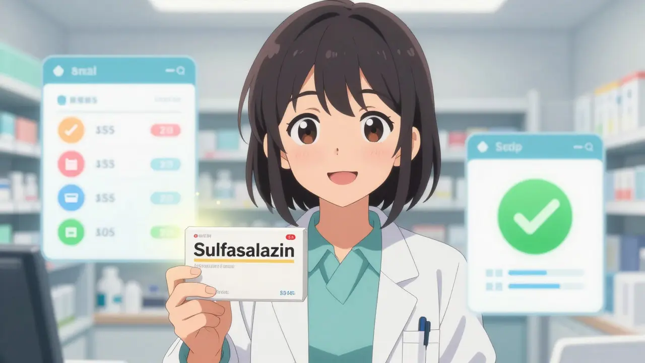 Eine freundliche Apothekerin im Anime-Look reicht dem Betrachter eine Packung Sulfasalazin in einer futuristischen digitalen Umgebung. Schwebende Benutzeroberflächen zeigen Preise und Lieferinformationen. Das Bild vermittelt Wärme, Professionalität und Transparenz durch sanfte Farben und detaillierte Gesichtsausdrücke.