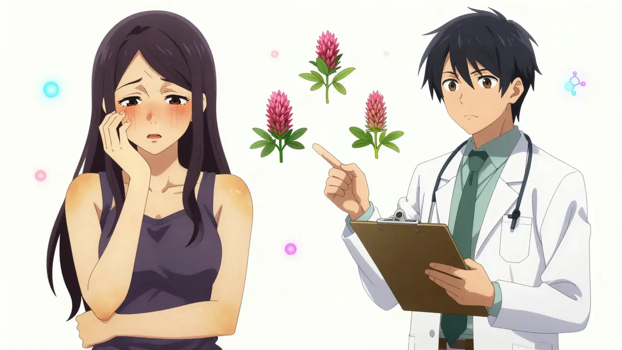 Frau mit Symptomen und Arzt diskutieren sichere Alternativen im Anime-Stil