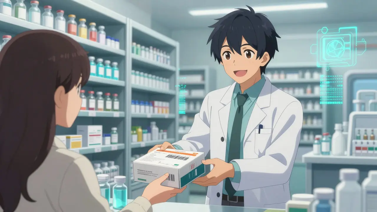 Moderne Apotheke mit freundlichem Apotheker und digitalen Elementen