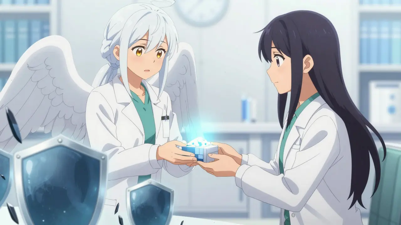 Sichere Medikamentenabholung bei einer vertrauenswürdigen Apothekerin im Anime-Stil