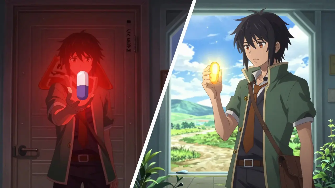 Vergleich von Medikamentenoptionen im Anime-Stil mit roten und goldenen Symbolen.