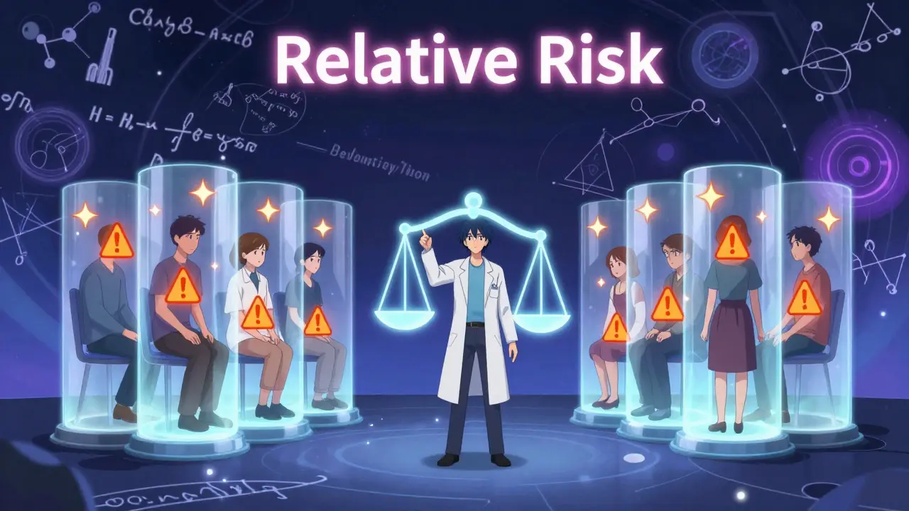 Anime-Stil: Ein Wissenschaftler vergleicht zwei Patientengruppen mit unterschiedlichem Risiko an einer magischen Waage.
