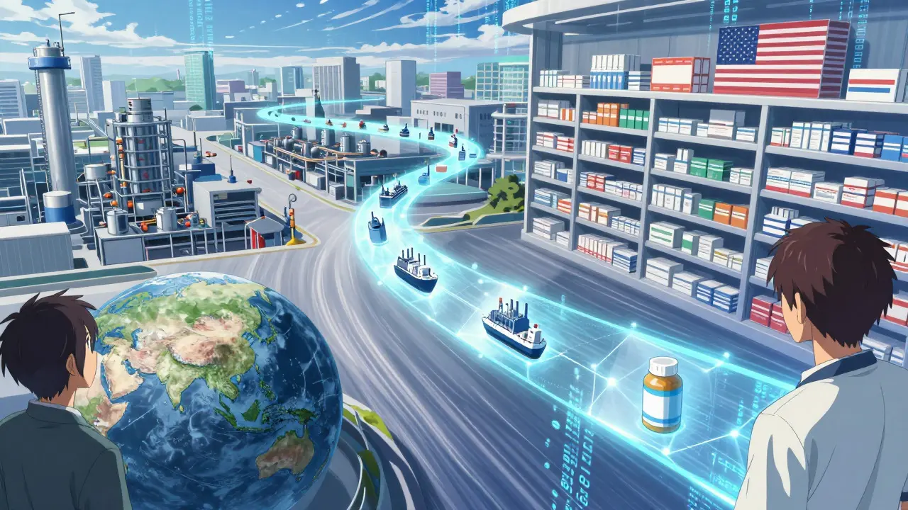 Anime-Stil: Eine leuchtende Datenkette verbindet eine Fabrik in Asien mit einer Apotheke in den USA.