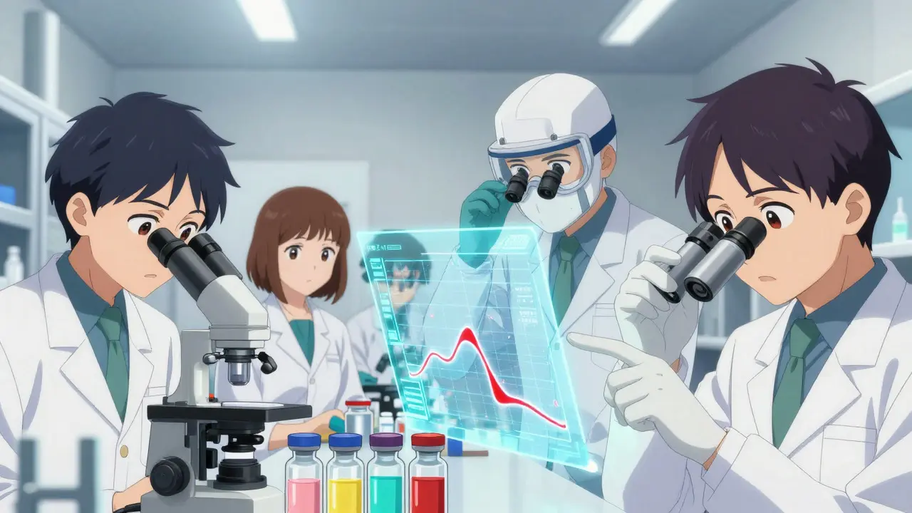Anime-Stil: Inspektoren in einem Hochtechnologie-Labor prüfen sorgfältig Medizinproben unter Hologrammen.
