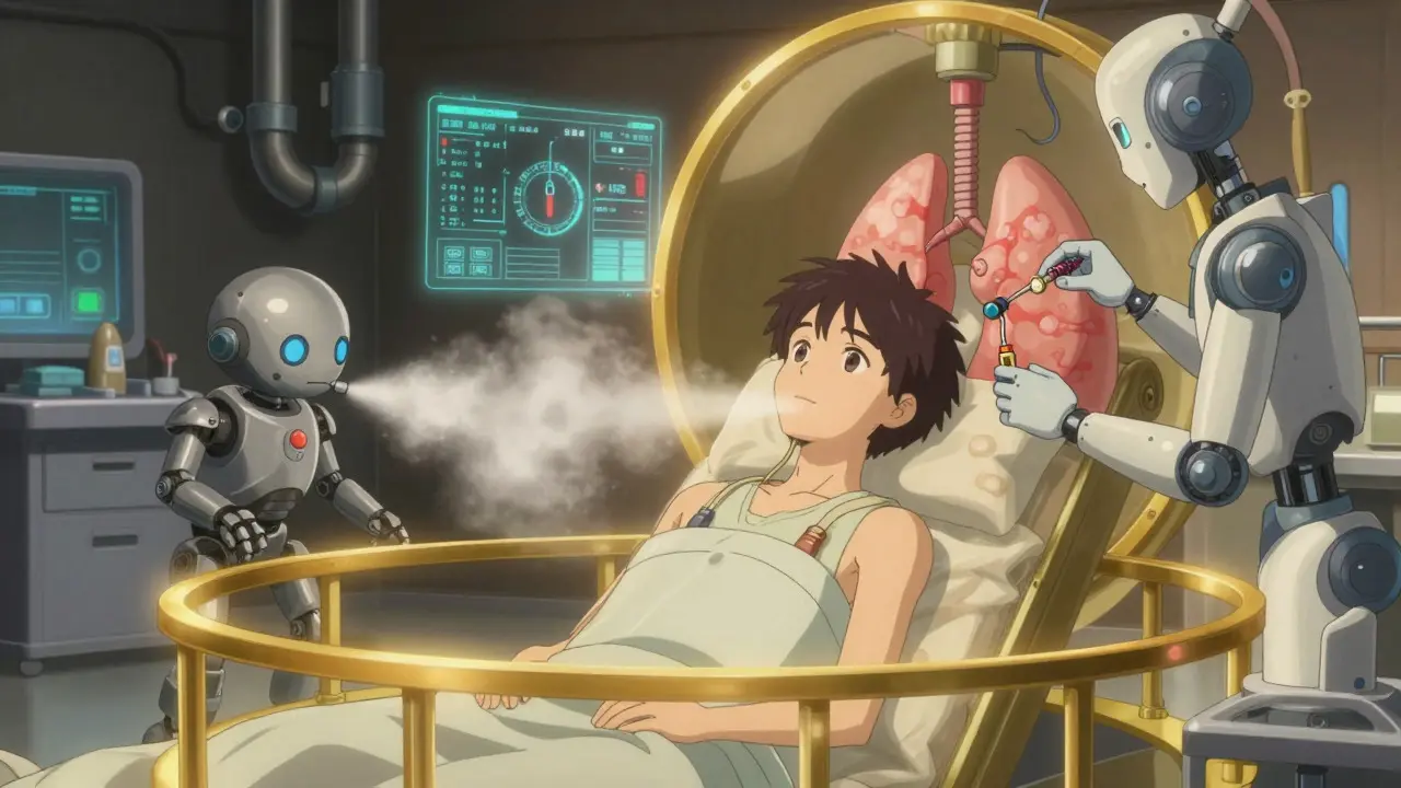 Anime-Szene: Futuristische Therapie löst Schleim und repariert überblähte Lungen mit goldenem Licht