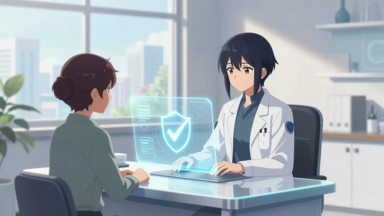 Arzt und Patient beraten sich in einem hellen Raum mit schwebender Hologramm-Schnittstelle.
