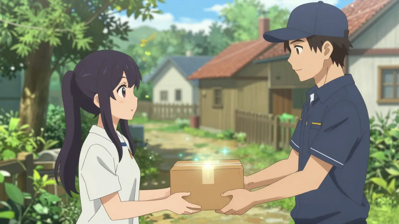 Diskrete Medikamenten-Lieferung in friedlicher Anime-Szene