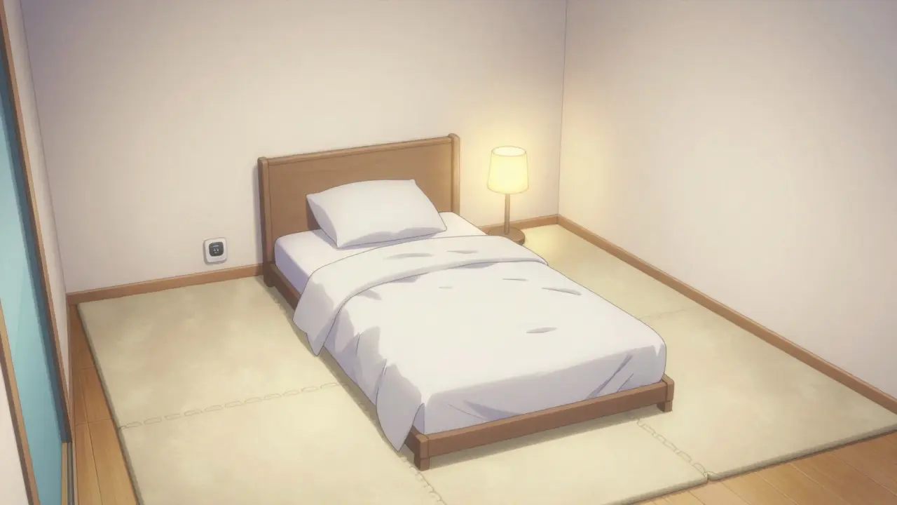 Ein sicheres Schlafzimmer mit Bodennahem Bett und Schaumstoffmatten