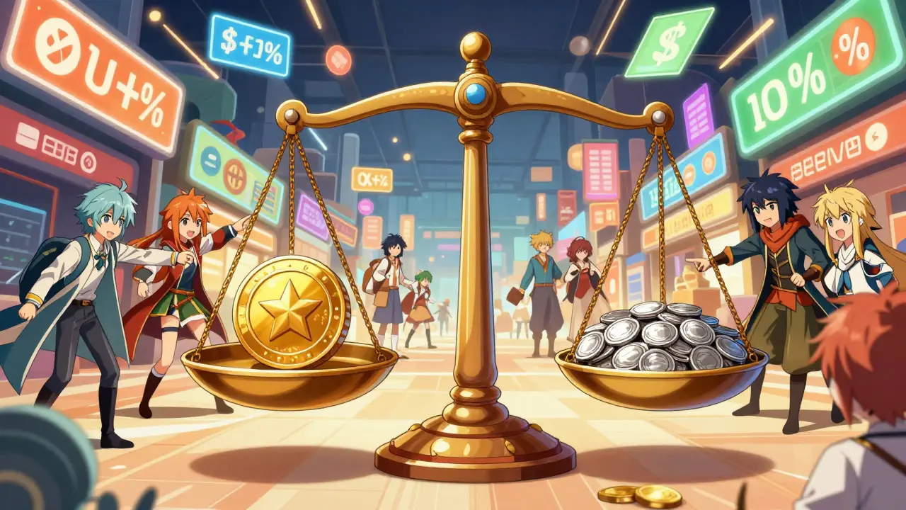 Eine Waage vergleicht goldene und silberne Münzen auf einem belebten digitalen Marktplatz.