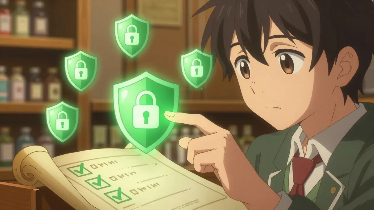 Hand prüft magische Sicherheitssiegel für einen vertrauenswürdigen Online-Kauf in einer Anime-Apotheke.