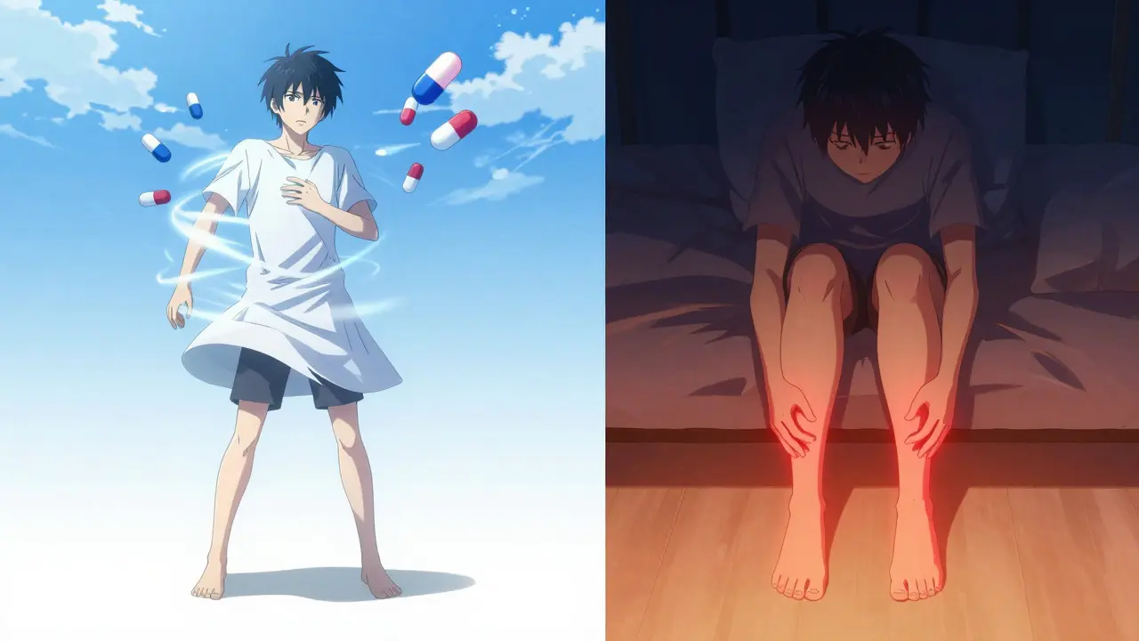 Vergleich von Akathisie bei Tageslicht und RLS nachts im Anime-Stil