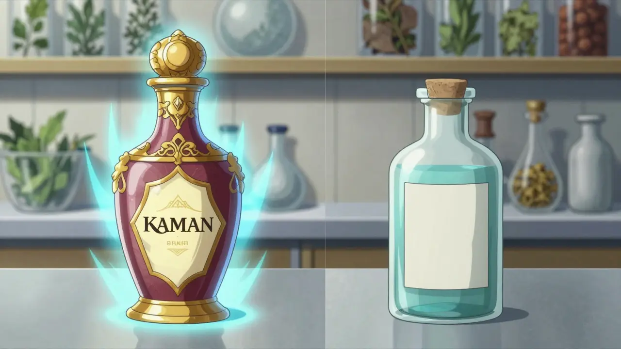Vergleich von teurer und günstiger Flasche mit identischem blauem Heilungslicht im Anime-Stil.